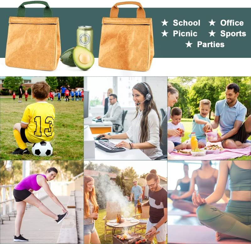 Insulated Tyvek Lunch Bag Reusable Brown Paper Bag Thermal Snack Bag Lunch Box for Women Men Suitable for Office School Kids