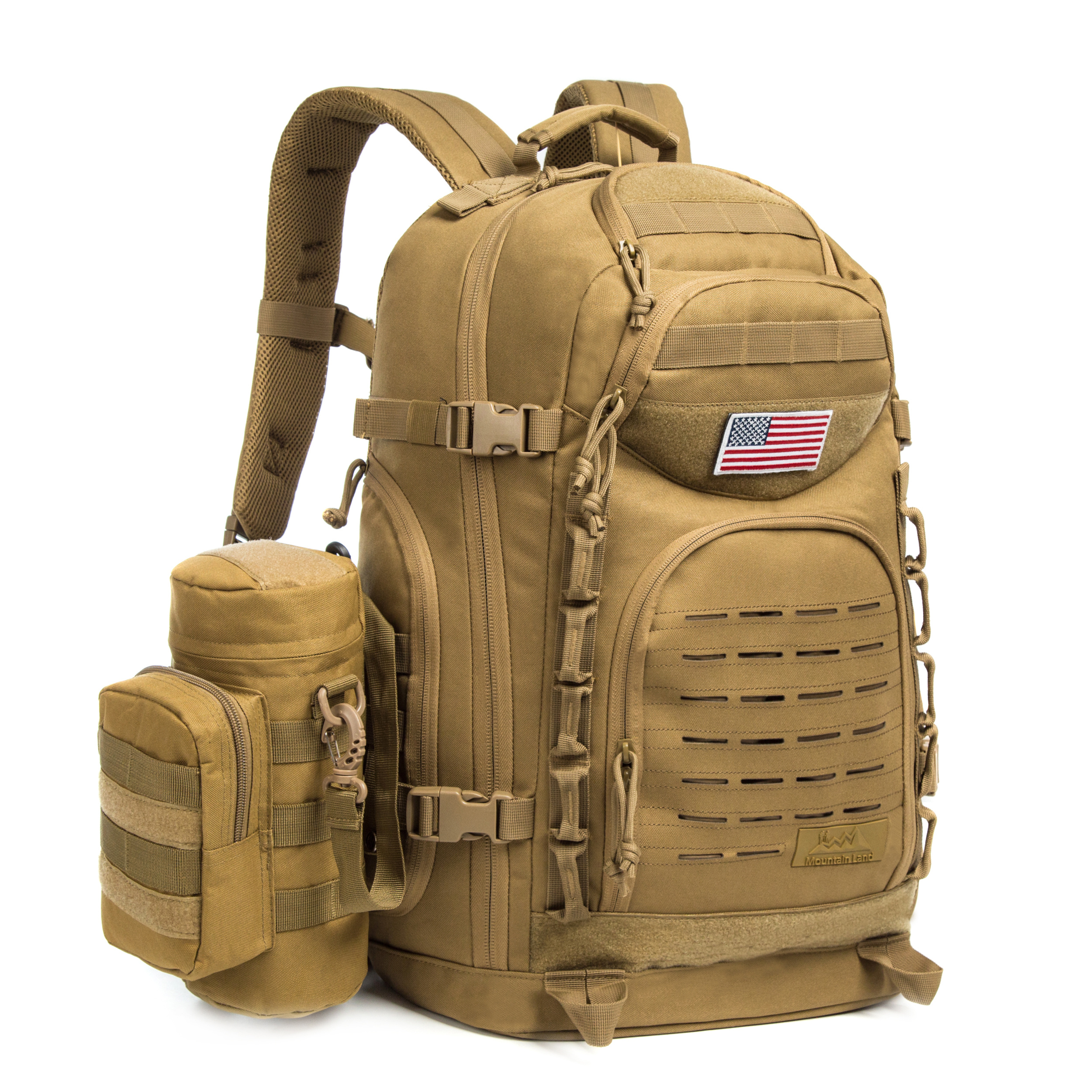 Khaki 38L Tactical Molle Backpack for Men Military Bag Rucksack Large Army 3 Day Assault Pack with 3L Water Bottle Bag
